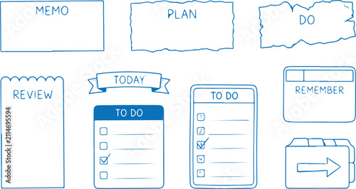 Planner stickers vector set memo plan do review today to do remember list checkboxes organized work productivity blue.