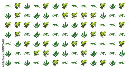 Konstfotografi pattern of green frogs and leaves on white background seamless nature design