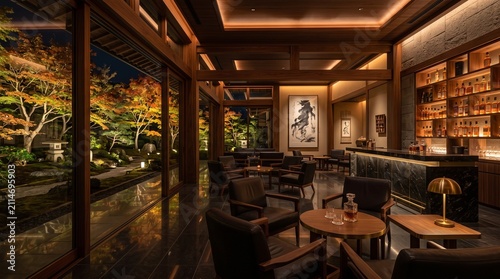 Luxury Japanese hotel bar lounge at night overlooking illuminated autumn garden