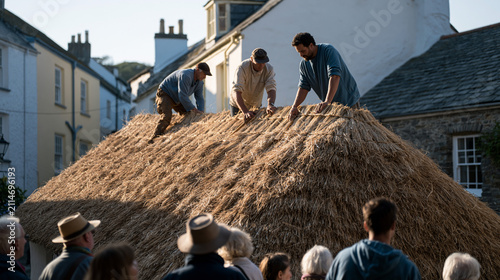A multicultural crew of roof thatchers work in unison on a steep cottage roof in a busy village lane, passersby watching below, the traditional overhead craft drawing curious