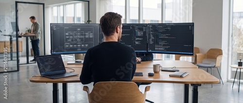 Software developers collaborate in modern open plan office with multiple computer monitors with contemporary office space large windows natural lighting