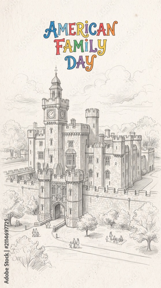 Fototapeta premium A vintage pencil sketch illustration of an old stone castle featuring a clock tower and gatehouse, with the colorful text 'American Family Day' displayed above the architectural landmark.