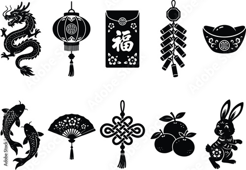 Chinese New Year icon set, flat black vector illustrations for Lunar New Year