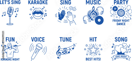 Singing and music related icons with text for karaoke and parties, blue drawings on gray background.