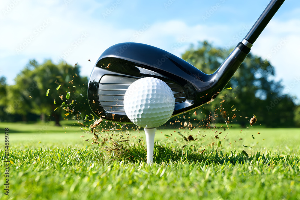 Fototapeta premium Action shot of golf driver club hitting ball on tee Grass and dirt flying Close up view sports moment outdoor