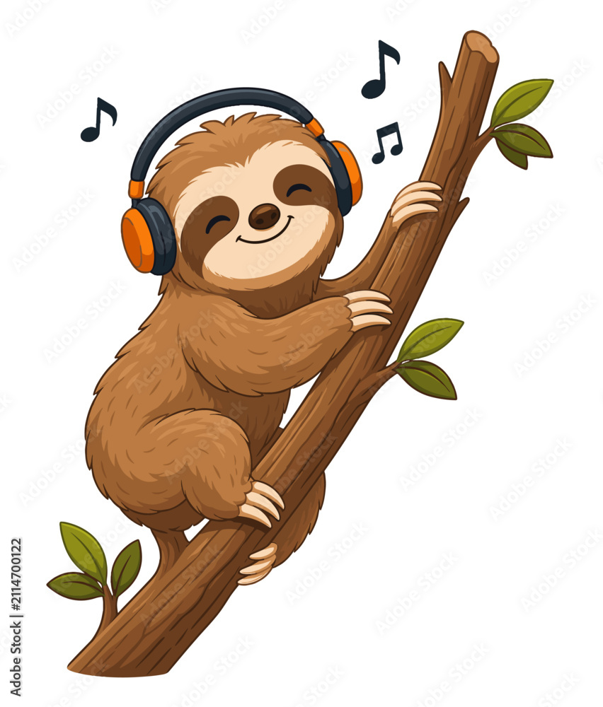 Fototapeta premium Cute sloth wearing headphones on tree branch cartoon vector