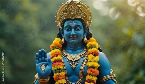 Hindu God Lord Krishna statue surrounded by traditional garlands. Hindu Puja. Vishu festival celebration. Ugadi, Gudi Padwa, Diwali or Krishna Janmashtami. See Less