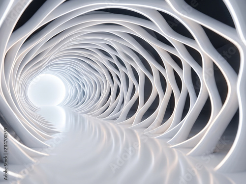 Abstract White Futuristic Spiral Tunnel with Organic Architecture, Infinite White Spiral Corridor, Contemporary Organic Structure Background