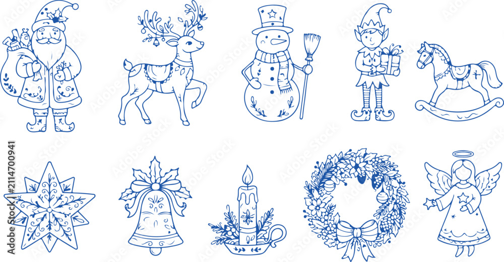 Obraz premium Ten christmas characters and symbols in blue line art including santa reindeer snowman elf horse star bell candle wreath angel.