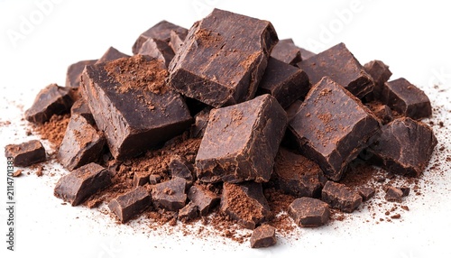 Pile of dark chocolate chunks and cocoa powder