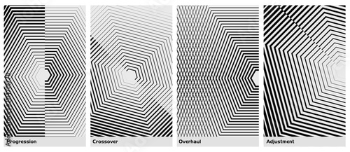 Monochrome Geometric Hexagon Poster Set with Cross-Hatch Line Patterns, Crossover, Overhaul, and Adjustment Vector Line Art, Abstract Optical Illusion Intersecting Grid Background Collection