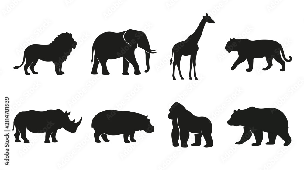 Fototapeta premium A set of eight wild animals walking silhouette vector icon illustrations on a white background 