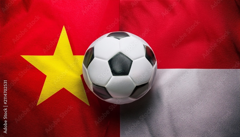 Fototapeta premium soccer ball between Vietnam flag and Indonesia flag