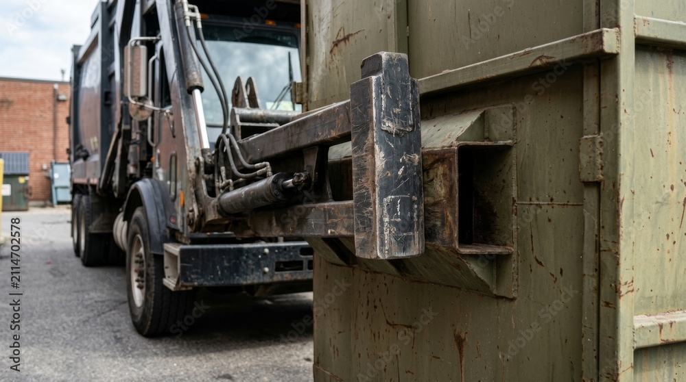 Fototapeta premium A close up shows a heavy truck and hydraulic arms beside a rusted container.