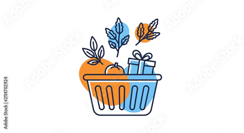 Shopping basket filled with healthy food and gift box