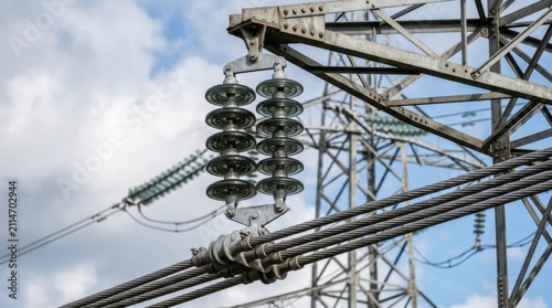 A close up of electrical insulators on a metal power tower under a blue sky.