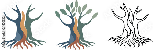 Abstract Tree of Life, Human Unity and Family Growth Vector Illustration Set