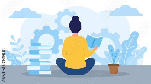 фотографія Illustration of person reading a book, surrounded by knowledge and technology