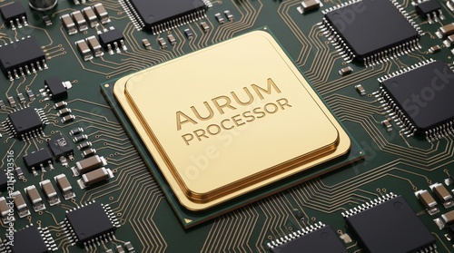 Golden Aurum Processor Chip Mounted on Detailed Green Circuit Board