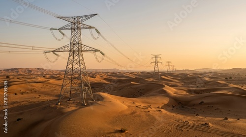 The power lines and transmission towers rise over desert dunes at sunset.