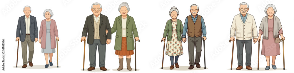 Fototapeta premium Vector illustration set of a grandfather and grandmother walking with canes, on a white background.
