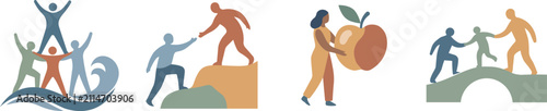 Community Support, Teamwork, Helping Hands and Sustainability Flat Vector Illustration Set
