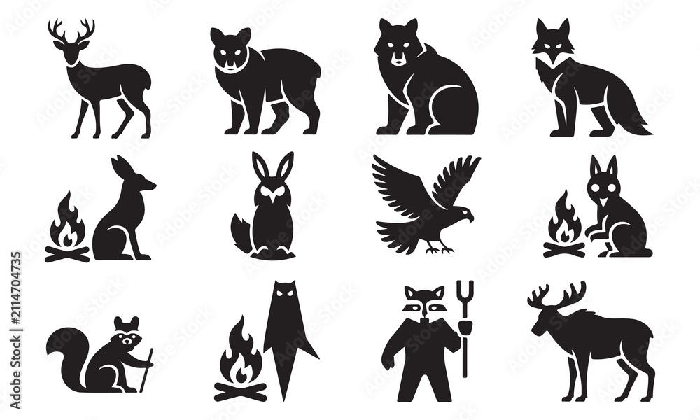 Fototapeta premium Collection of black silhouette featuring various wild forest animals, including a deer, bear, wolf, fox, rabbit, eagle, squirrel, and moose, isolated on a white background