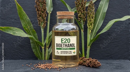 Transparent E20 bioethanol canister with sweet sorghum raw material on slate background