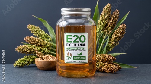Transparent E20 bioethanol canister with sweet sorghum raw material on slate background