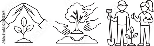 Bild auf Leinwand Tree Planting and Environmental Conservation Line Icons Set - Volunteer, Nature