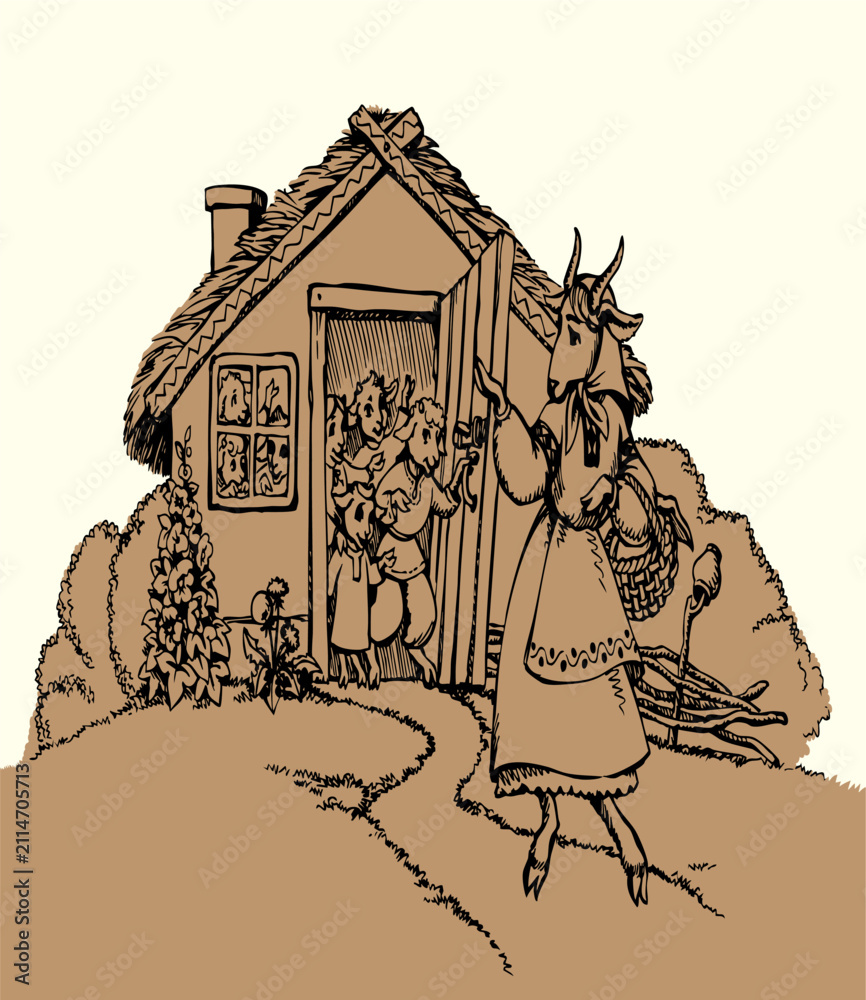 Fototapeta premium A goat and kids in a house. Vector illustration