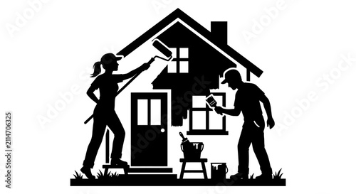 Home painting and renovation workers in black silhouette