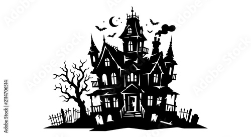 Haunted house silhouette with bare tree graveyard and crescent moon