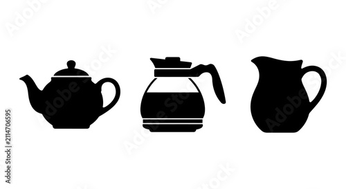 Teapot tea infuser and pitcher silhouettes on a white background