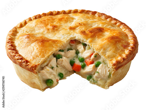 Golden chicken pot pie with a flaky crust, creamy chicken and vegetable filling, isolated on a white background.