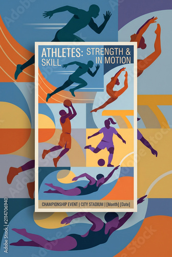 Athletes strength and skill sports poster with stylized figures for event promotion and stadium banner design