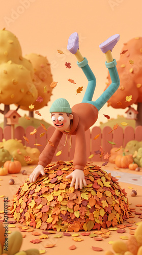 Playful character diving into an autumn leaf pile for fall poster background and seasonal kids illustration
