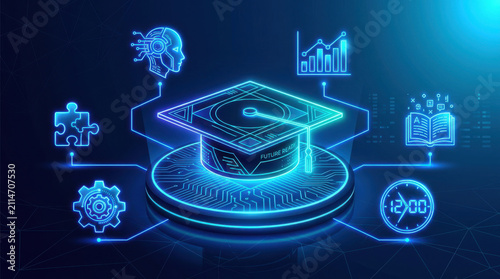 Digital graduation cap surrounded by glowing icons representing online learning technology data analysis and virtual education concepts on blue background