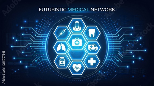 Futuristic medical network concept with digital hexagonal icons representing various healthcare services connected by glowing lines on a dark background