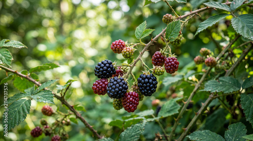 Primer plano de moras maduras y en maduración sobre una zarza silvestre. Escena natural con fondo desenfocado, ideal para temas de flora, alimentación y naturaleza.