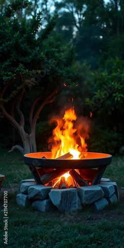 Warm evening light emanates from a braai fire pit surrounded by lush greenery, inviting all to gather and bask in its cozy warmth, evening, peaceful
