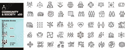 Community and society line icons set for public welfare, social network, and human unity