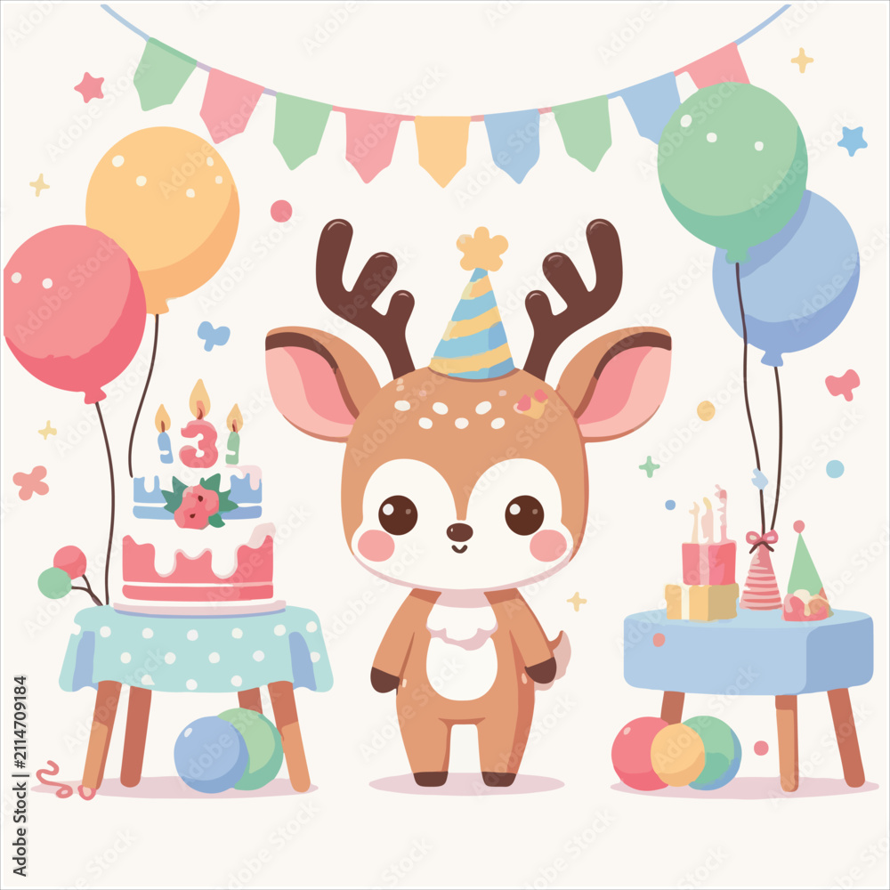 Fototapeta premium Cute Third Birthday Baby Deer Party Celebration, Adorable Kawaii Reindeer with Birthday Cake Number 3 Balloons and Bunting Flags