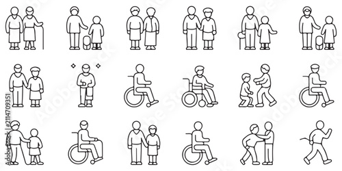 Elderly and disabled people icons, senior citizens and individuals with disabilities vector collection on white background.