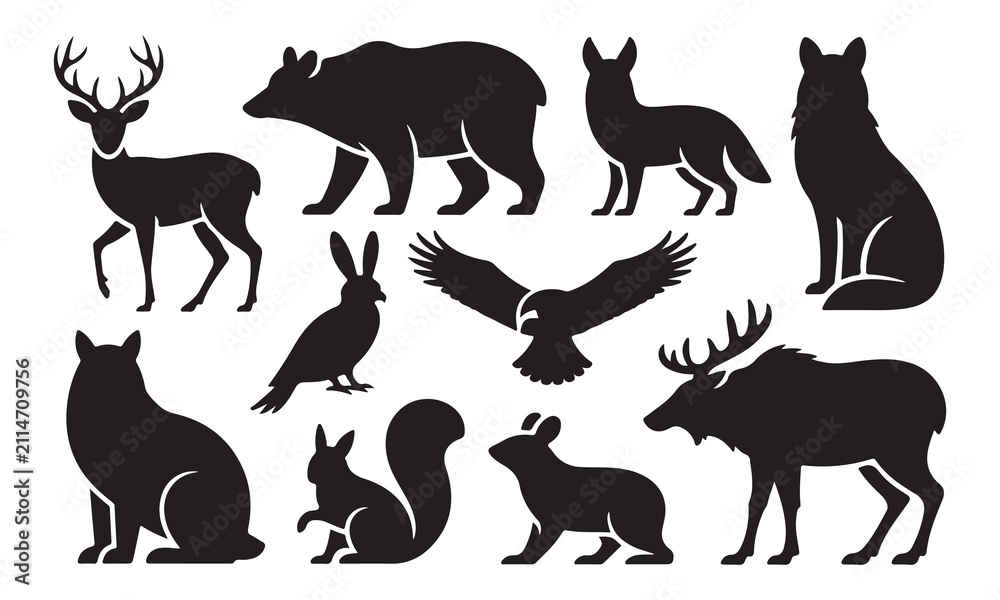 Obraz premium Collection of black silhouettes of wild forest animals including a deer, bear, fox, wolf, rabbit, eagle, squirrel, and moose isolated on a white background, for projects