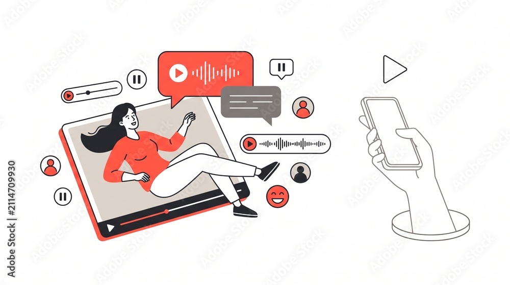 Naklejka premium Flat Vector Woman Creator Stepping Out of Video Screen with Smartphone for Content Creation Blog, Social Media Streaming Banner, and Digital Marketing Presentation