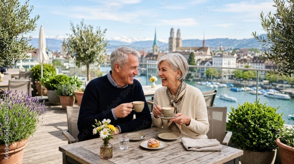 Fototapeta premium Happy senior couple enjoying coffee and pastries on a sunny terrace with city views