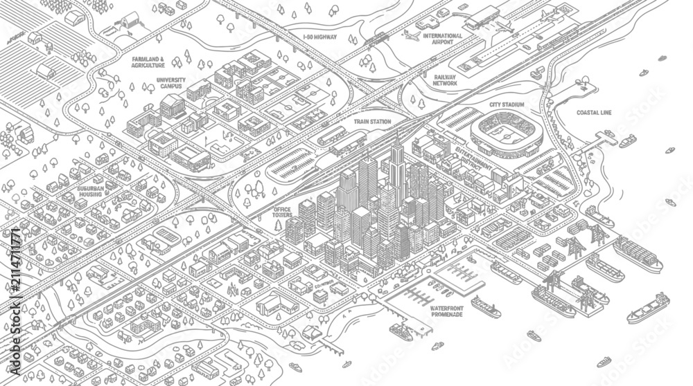 Obraz premium Detailed isometric line art map of a bustling city with roads and buildings.