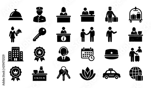Concierge Icon Set Collection Vector Silhouette with Hotel Bell Service and Hospitality Symbols