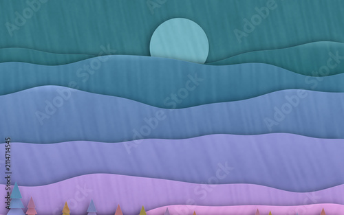 A serene, 3D-rendered abstract landscape featuring horizontal bands of varying colors transitioning from deep teal to lavender-pink